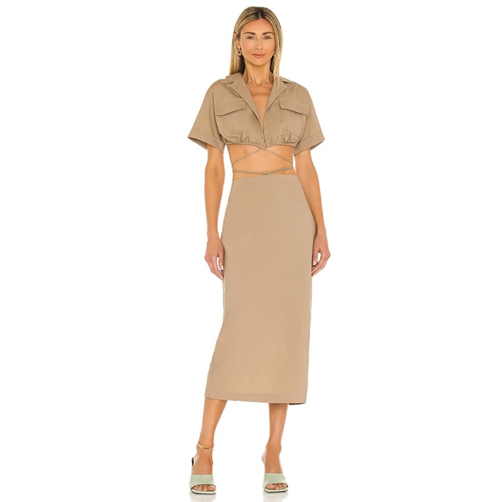 NWT L'Academie Julia Midi Dress Cut Out Crop Top Two Piece Set Tan Beige Small